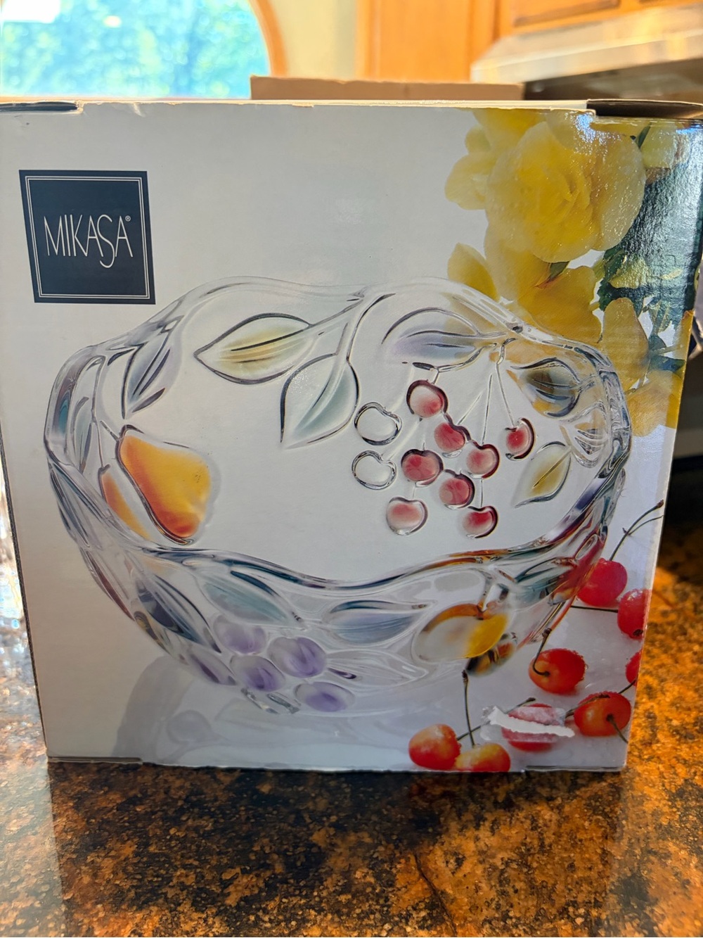 Mikasa Clear Glass Bowl with Painted Fruit Accents - Red, Yellow, Green, Purple